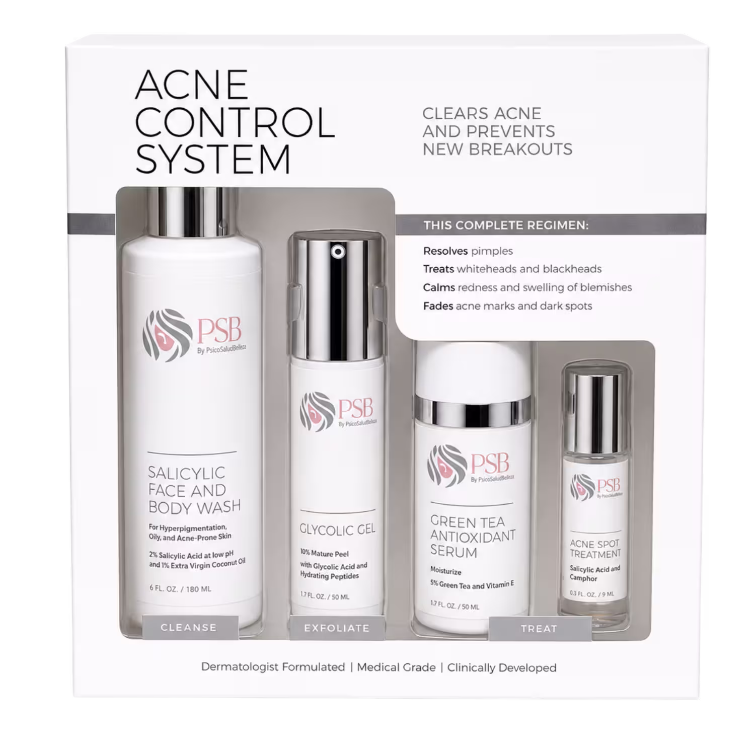 Kit Acne Control System PSB Skincare con Salicylic Face and Body Wash, Glycolic Gel, Green Tea Antioxidant Serum y Tratamiento Focalizado para el Acné