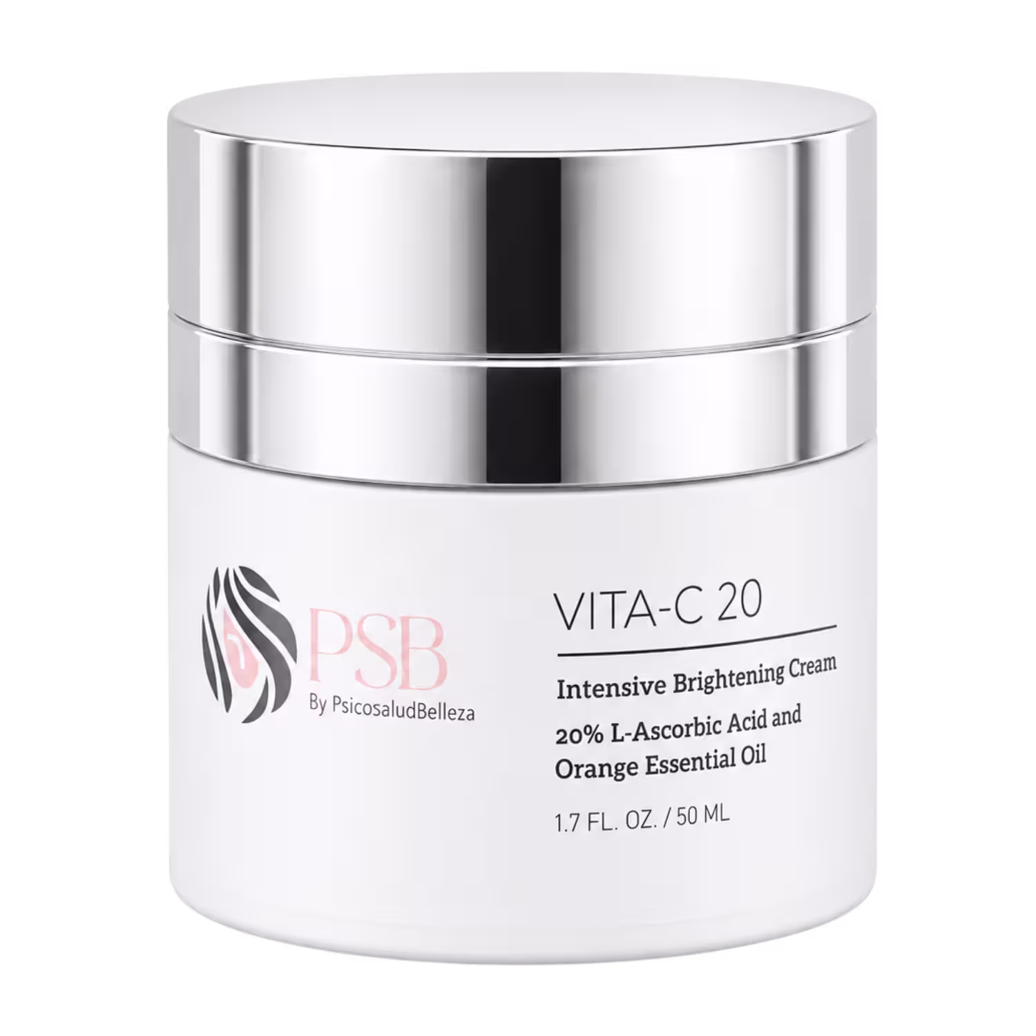 Envase de crema facial Vita-C 20 de PSB con vitamina C al 20% y aceite de naranja, presentación de 50 ml