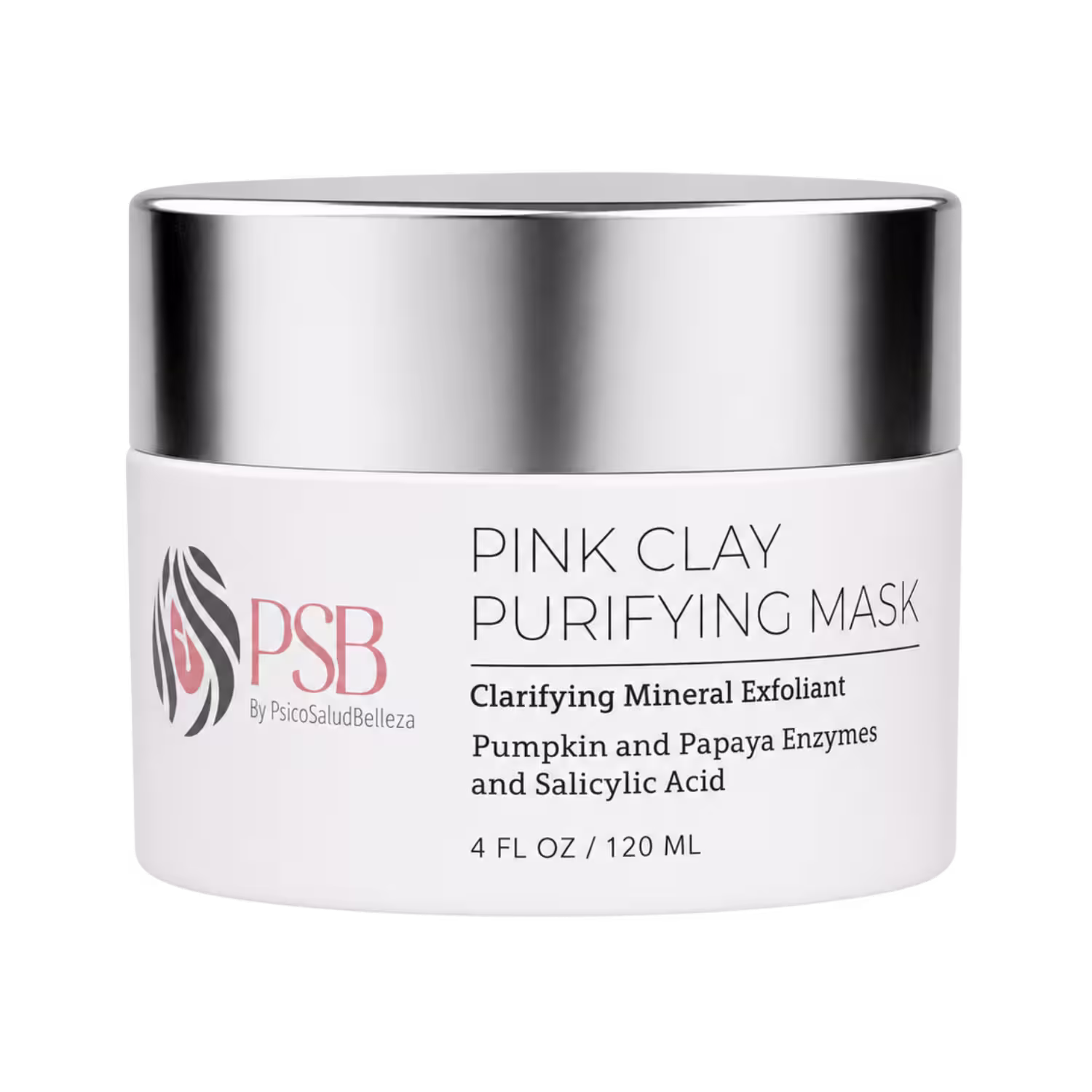 Envase de Pink Clay Purifying Mask PSB Skincare con enzimas de calabaza, papaya y ácido salicílico, tamaño profesional back bar 4 FL. OZ. / 120 mL