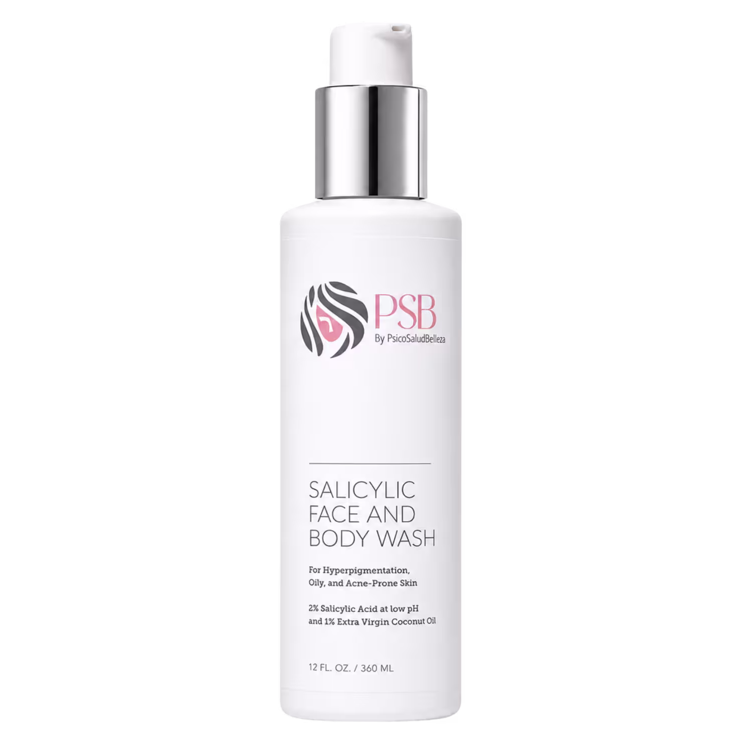 Salicylic Face and Body Wash tamaño profesional back bar PSB Skincare con ácido salicílico al 2% y aceite de coco virgen, 12 FL. OZ. / 360 mL